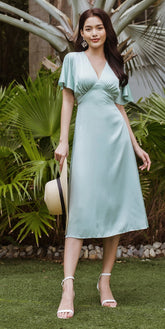 Silk A-Line Midi Dress with Flutter Sleeves and V-Neckline